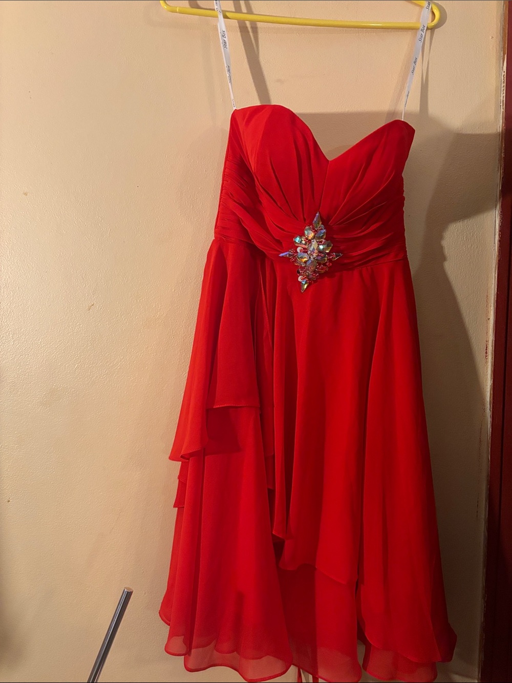 Red Strapless Chiffon Cocktail Dress with Jeweled Waist